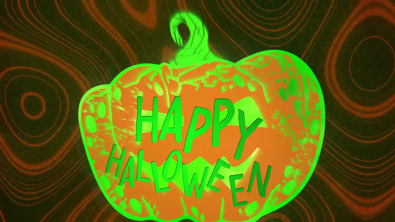 Animation of happy halloween over neon pumpkin on brown background