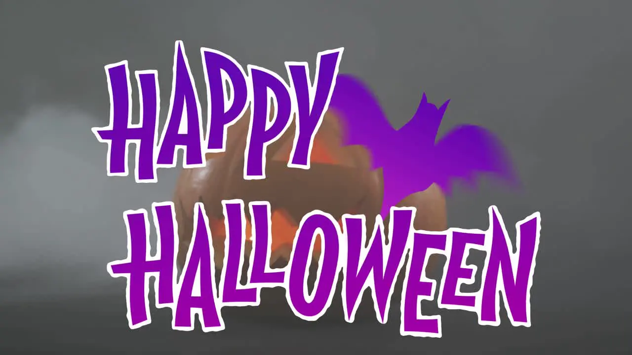 Animation of happy halloween text with bat over orange carved pumpkin