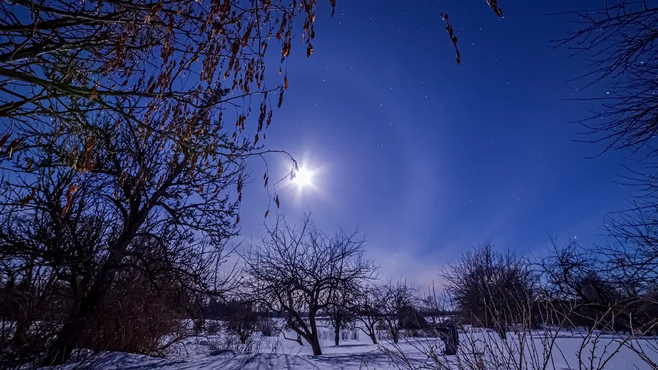 Halo Around Full Moon Lighting Up The Night Sky Over Wintry Landscape