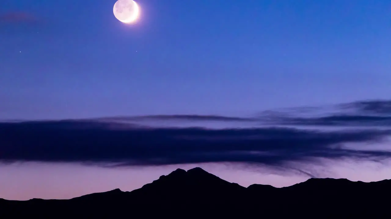 4K Twilight Moon Set In Deep Dark Blue Sky Over The Black Silhouette Mountain Range and Narrow Clouds Landscape After Sunset Timelapse With Canon 6D Night Sky Modified Evening Photography