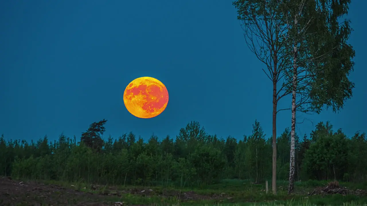 Close Up Timelapse of a Supermoon Glowing Yellow as it Sets Behind a Forest Landscape in Latvia