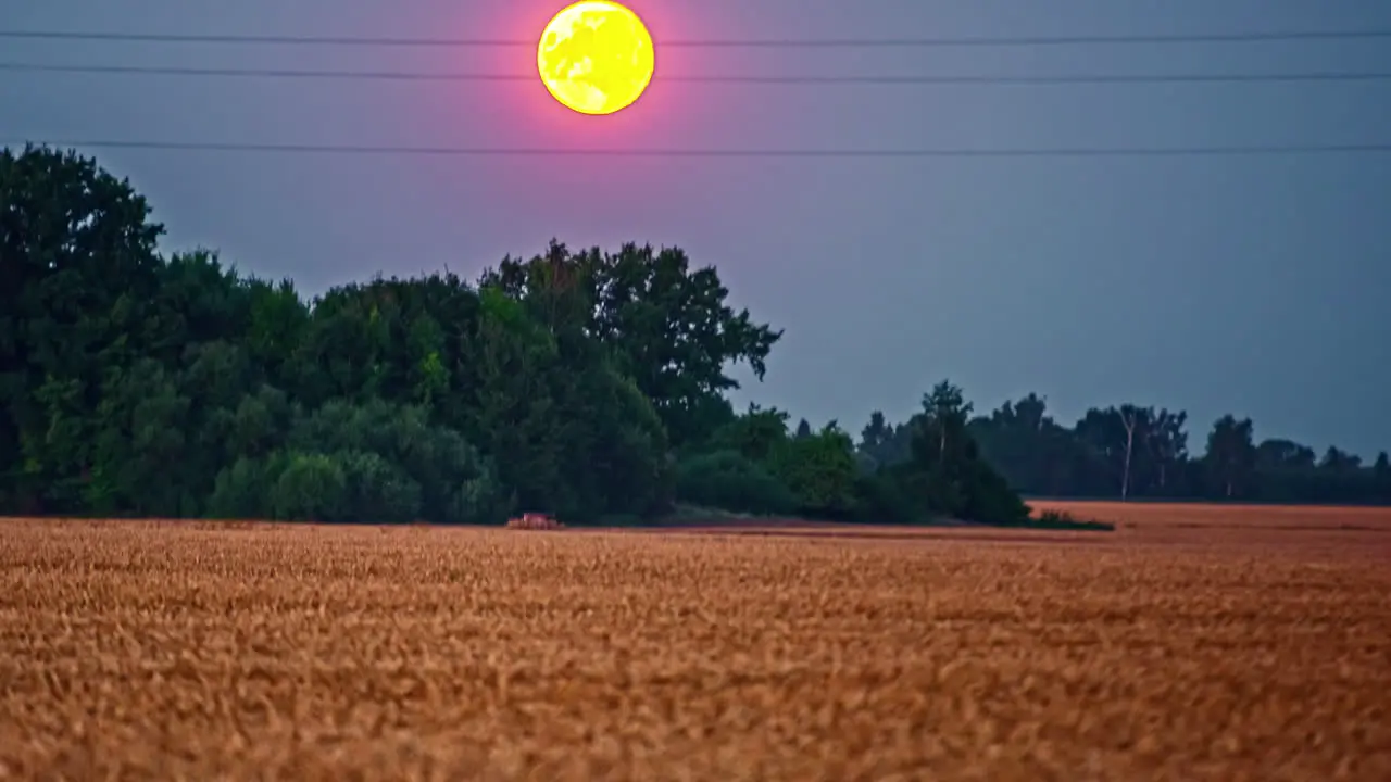 Time-lapse of yellow moon descending on wheat fields