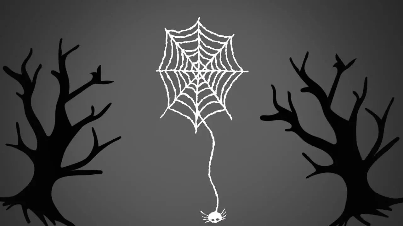 Animation of spiderweb and trees over grey background