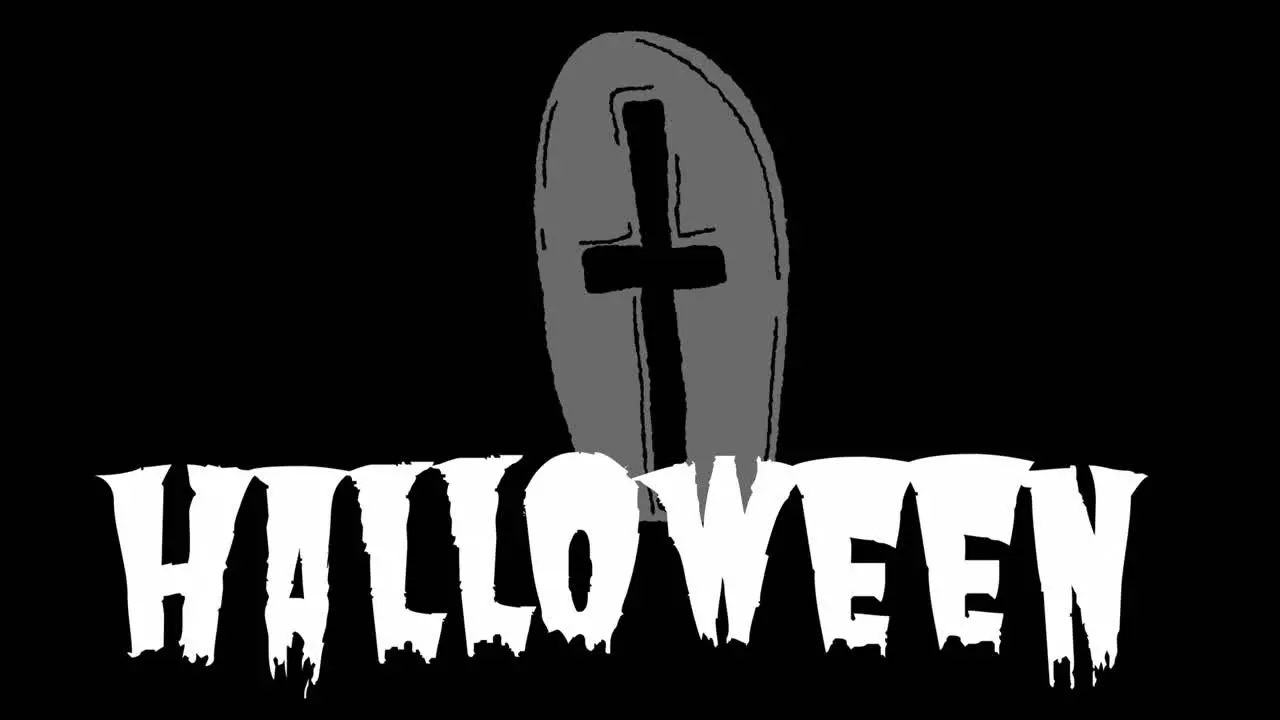 Animation of halloween text over grave on dark background