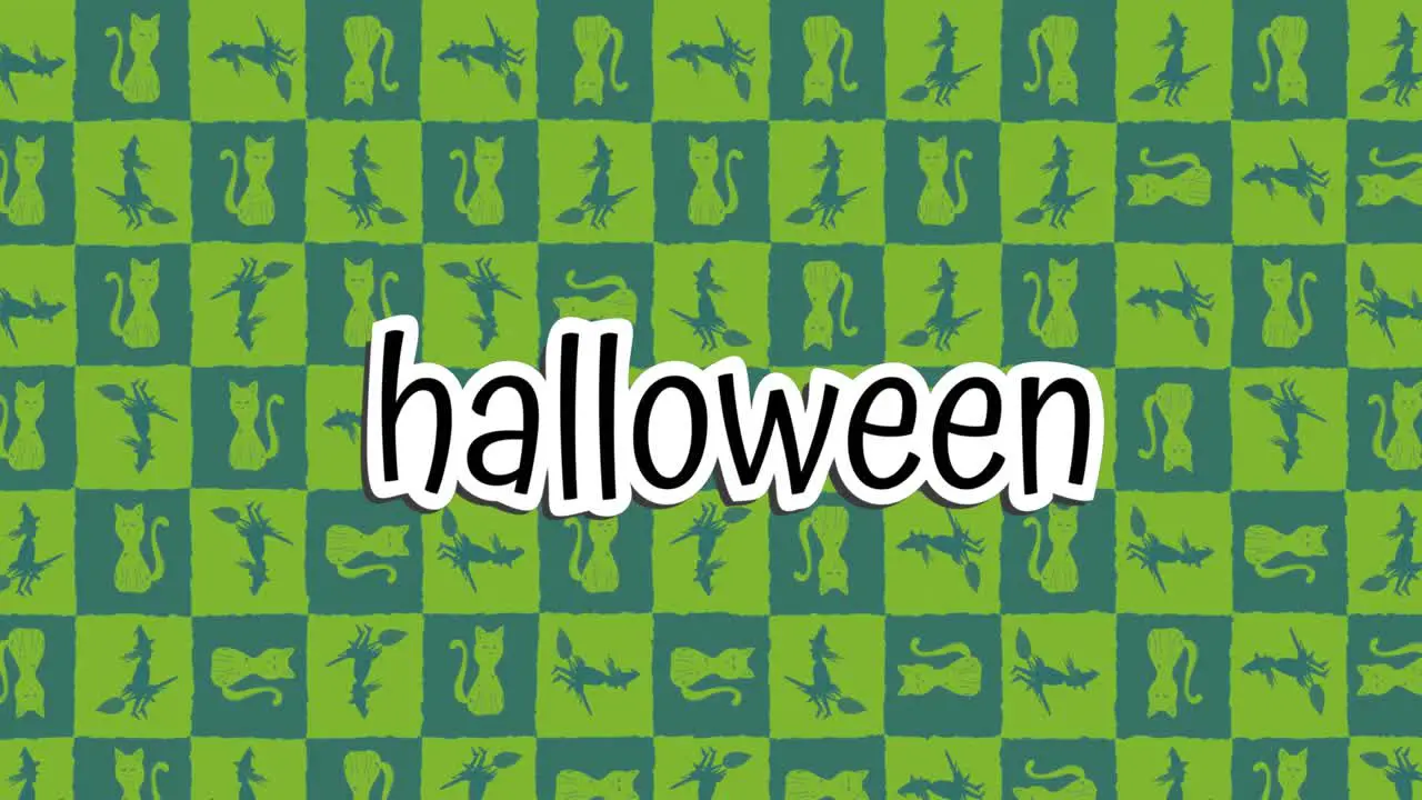 Animation of halloween over green cat and witch texture in background