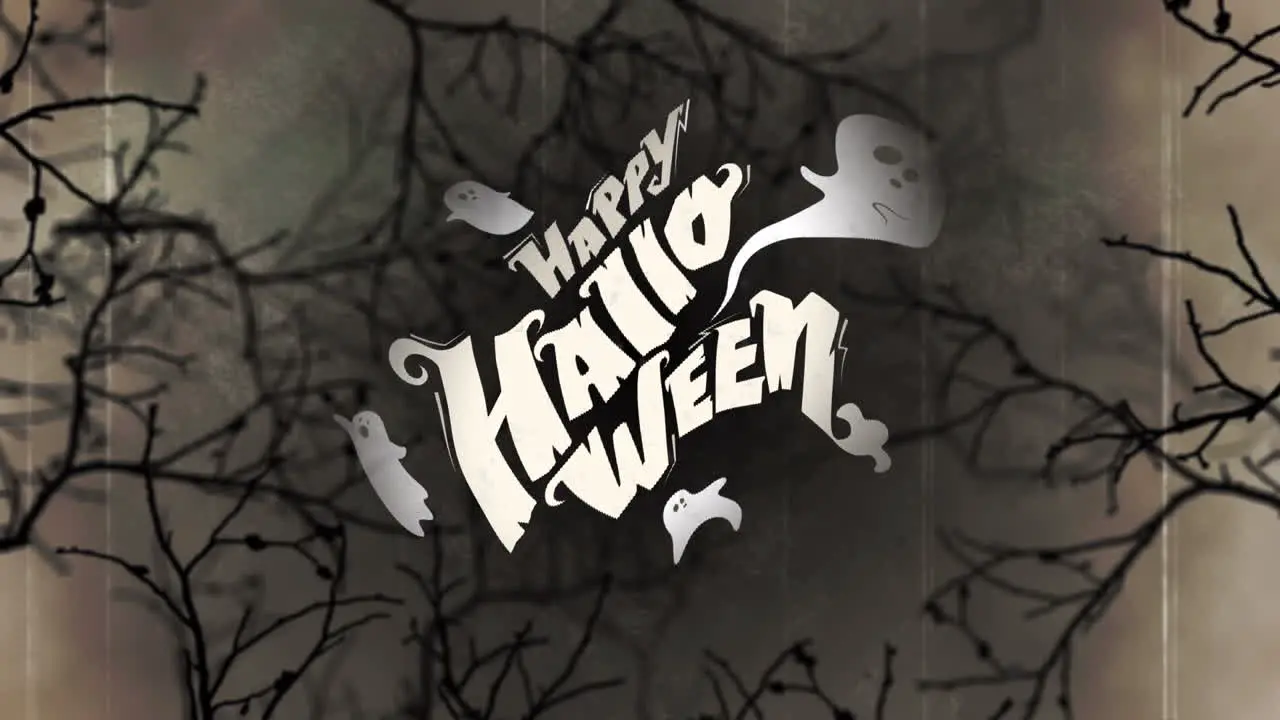 Happy halloween text with ghost icon against creepy trees branches on grey background