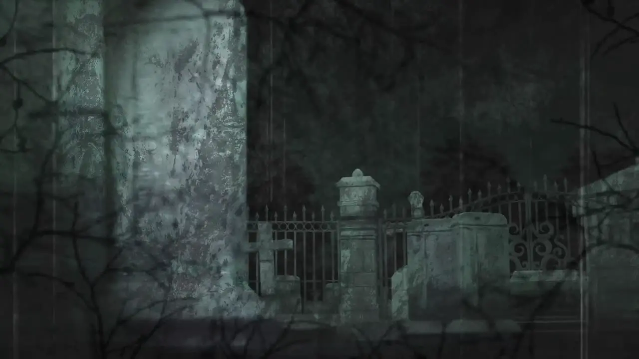 Animation of tree branches over cemetery at night