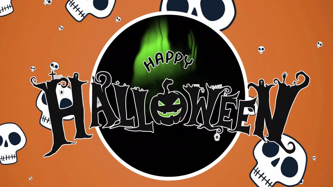 Animation of happy halloween text over falling skulls