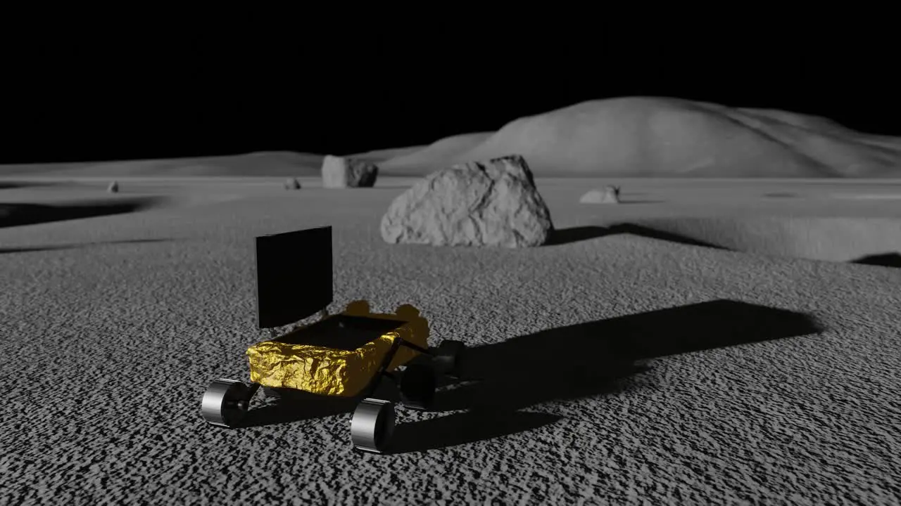 3D Animation of Chandrayaan's rover moving on the Moon towards a large rock