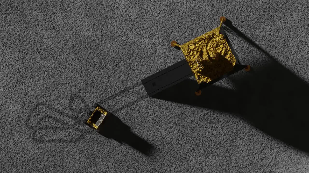 3D Animation aerial view of the Chandrayaan rover and lander on the Moon with tire marks