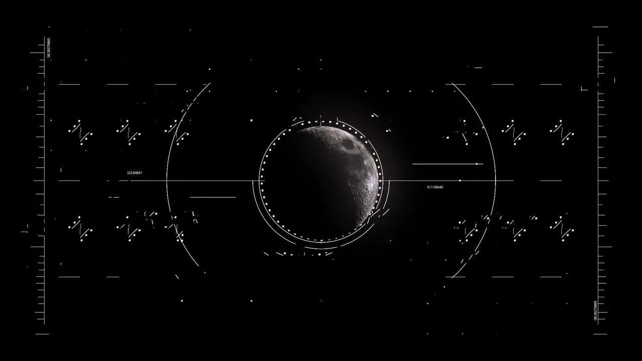 Futuristic Hud display scanning and analyzing data around half moon satellite