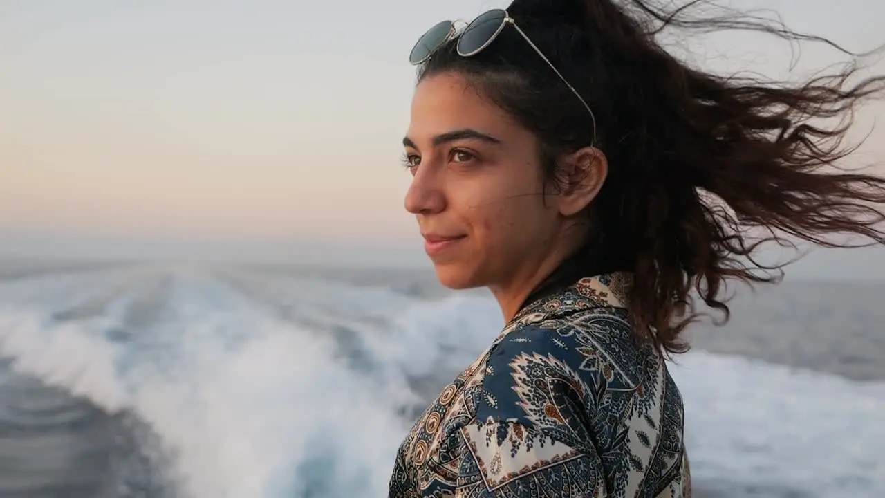 Profile view of a woman with the wind in her hair on a boat ride close-up slow motion