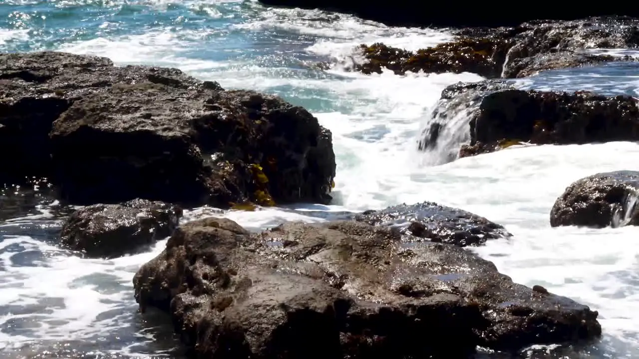 Refreshing cold seas splash on rugged rocks in the Pacific Northwest