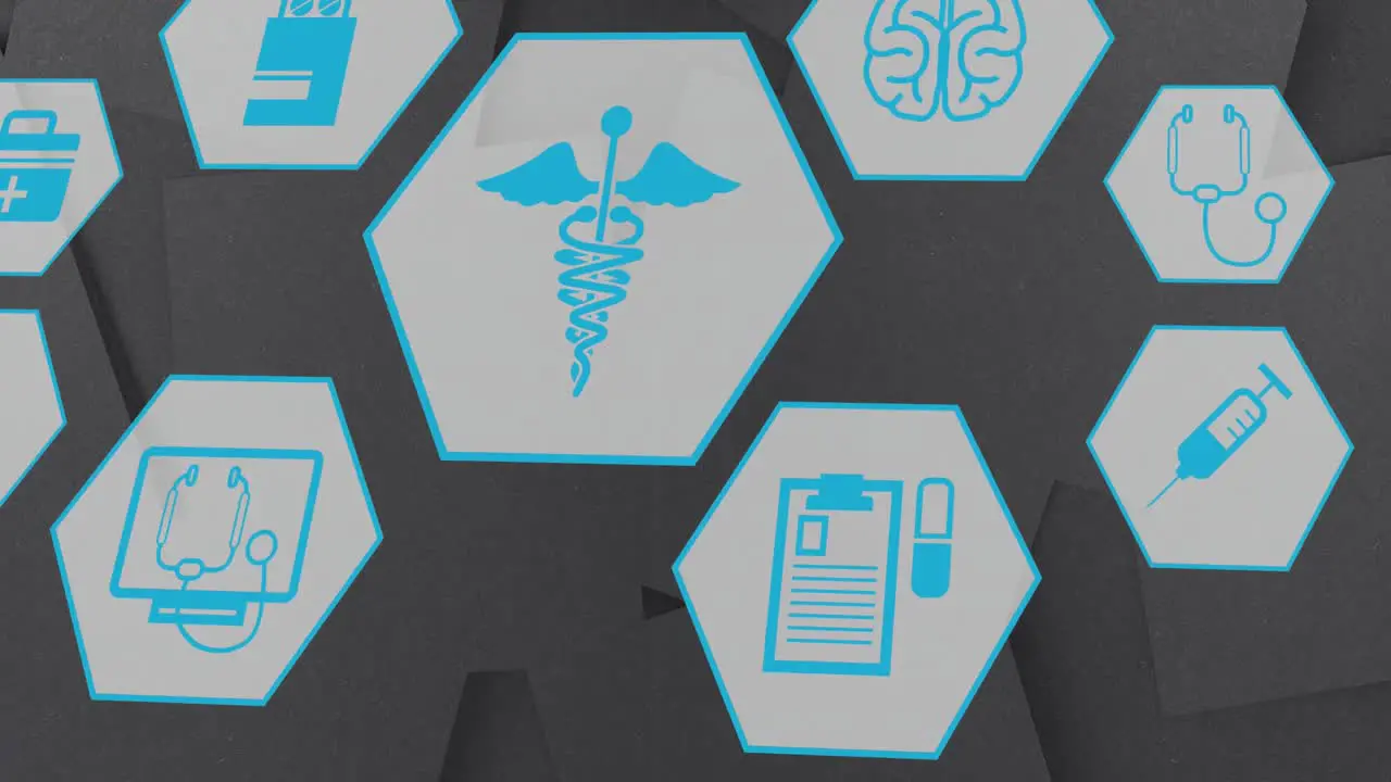 Animation of multiple medical icons moving against textured grey background