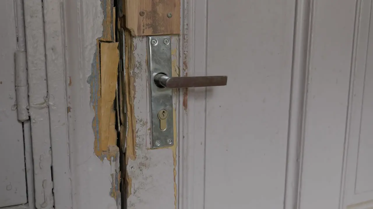 Old Grey Painted Wood Door Handle In a Rough Shape