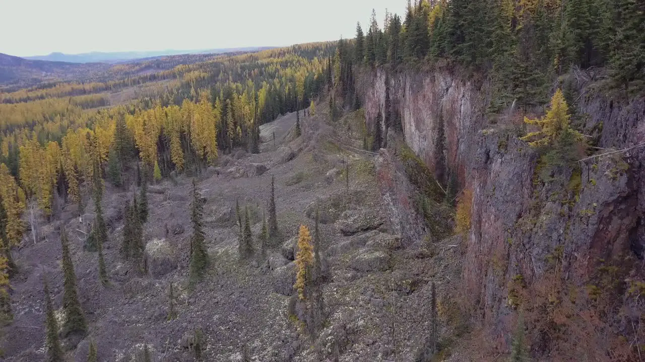 Aerial shot along a rugged volcanic cliff face with pinnacles and fall colours