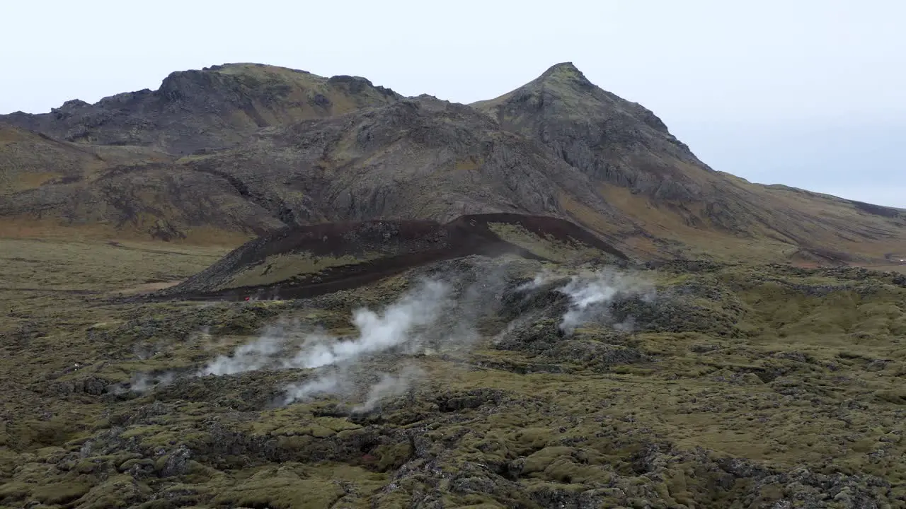 Aerial of geothermal steam vents in volcanic landscape of Iceland