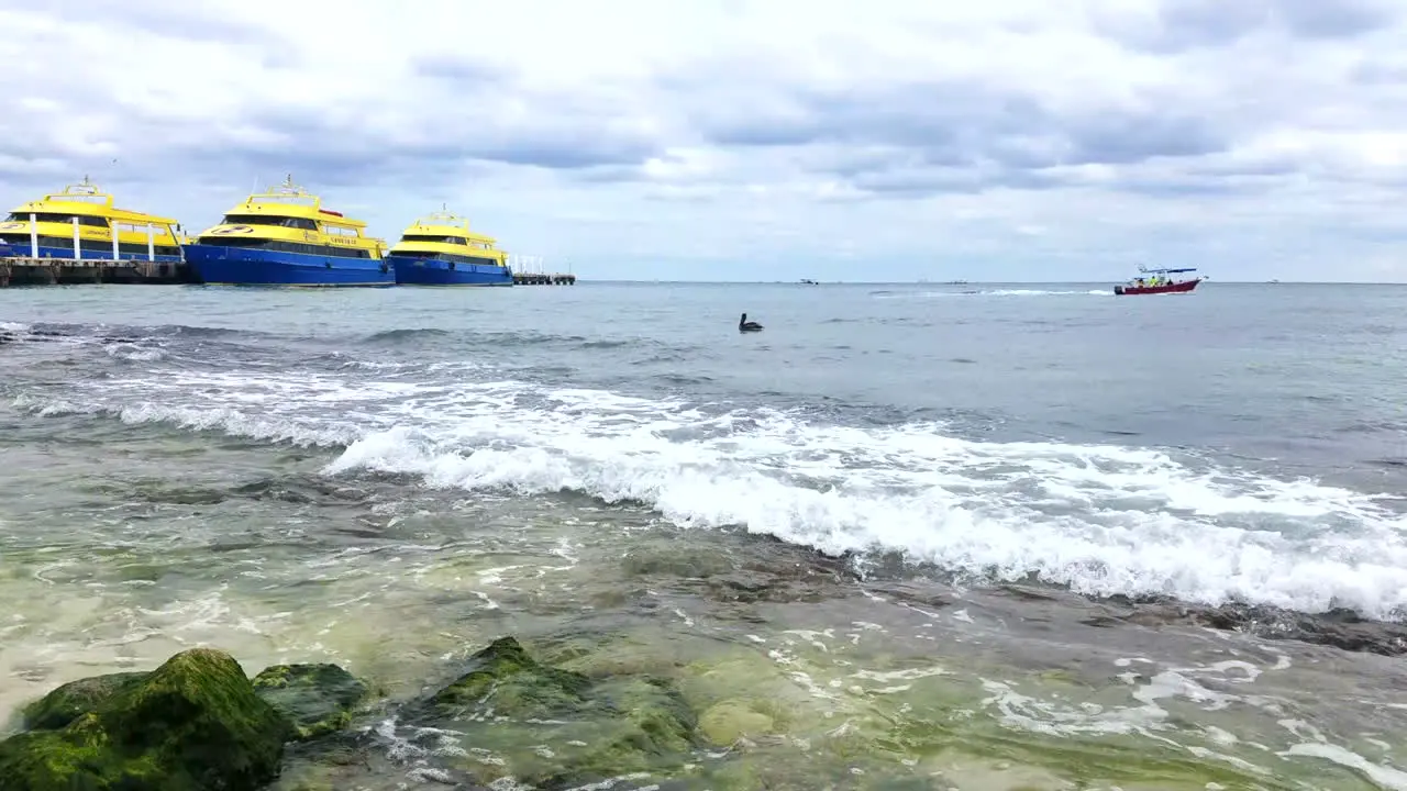 Boat Driving Off And Pelican Floating In The Water With Cruise Ferry Ships And Pier On The Horizon