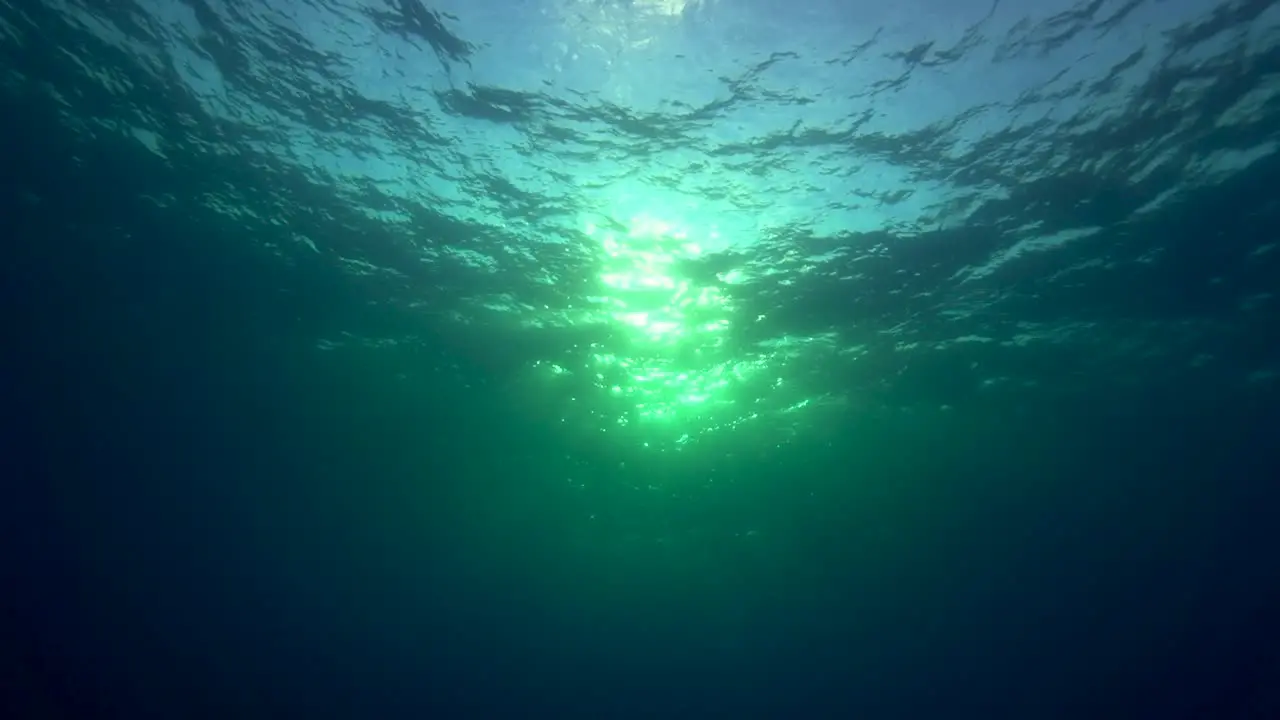 Rolling waves and water surface shot from underwater agains the light in a tropical ocean environment