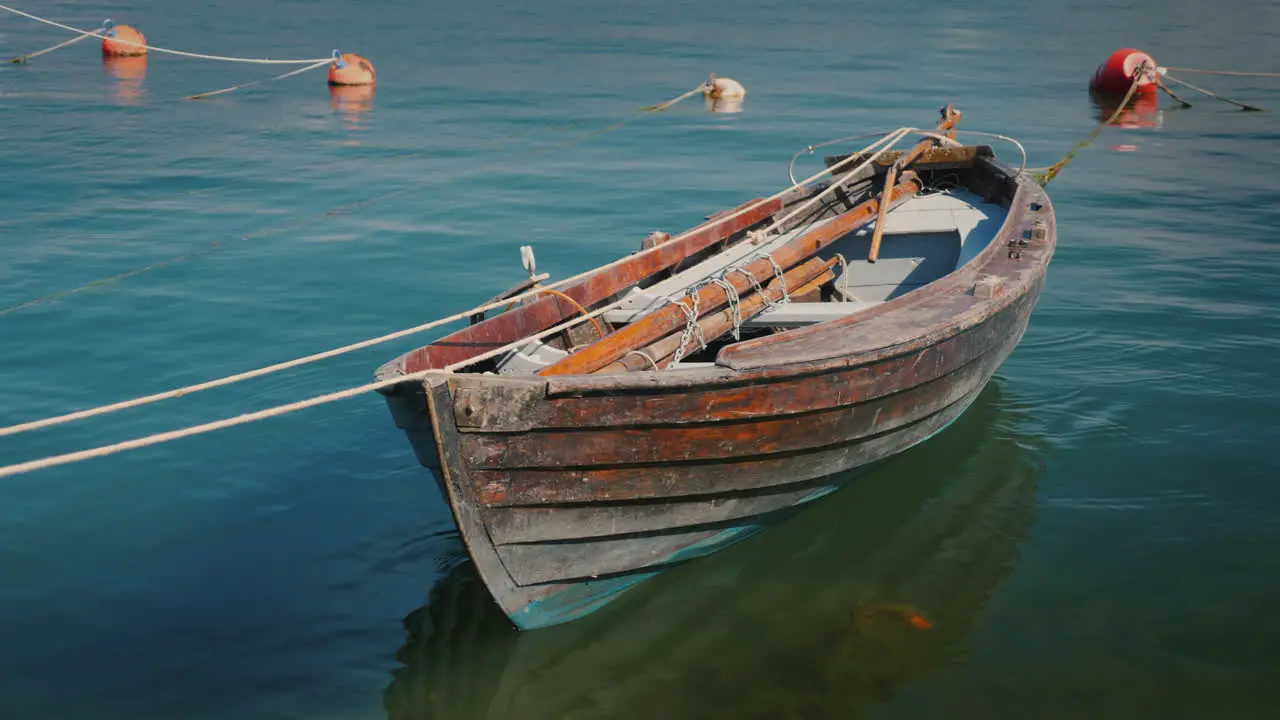 An Old Fishing Boat Moored Offshore 4k Video