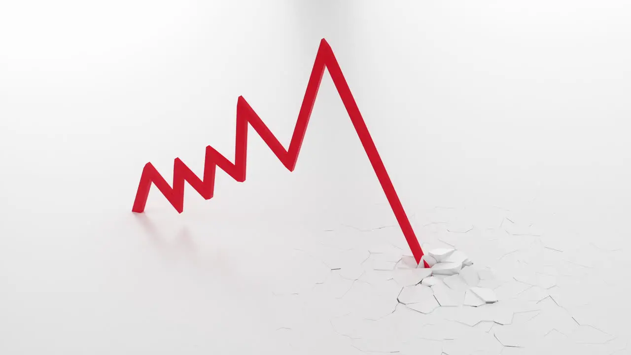 3D Stock market crash graph Red arrow fall into crack ground