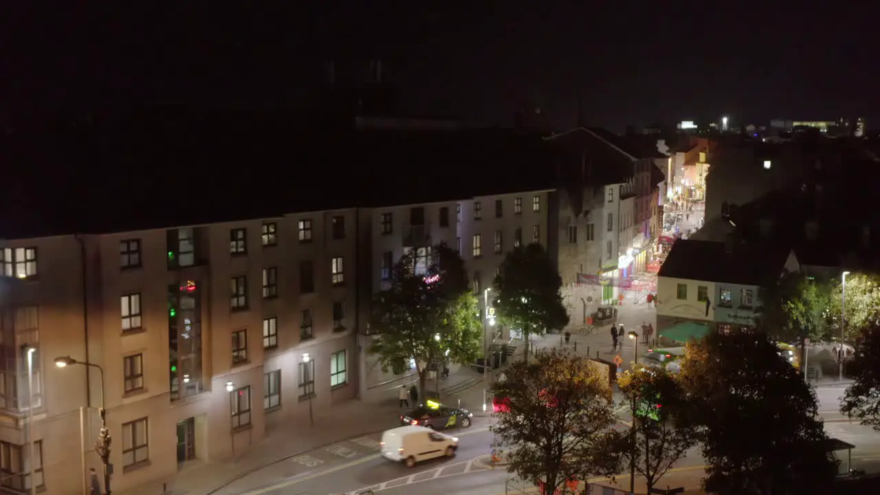 Aerial ascending shot of shop street in Galway Ireland