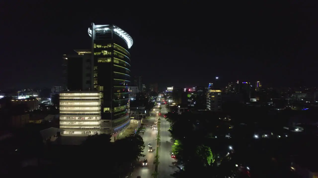 Night Drone view of a city at night with high rise buildings