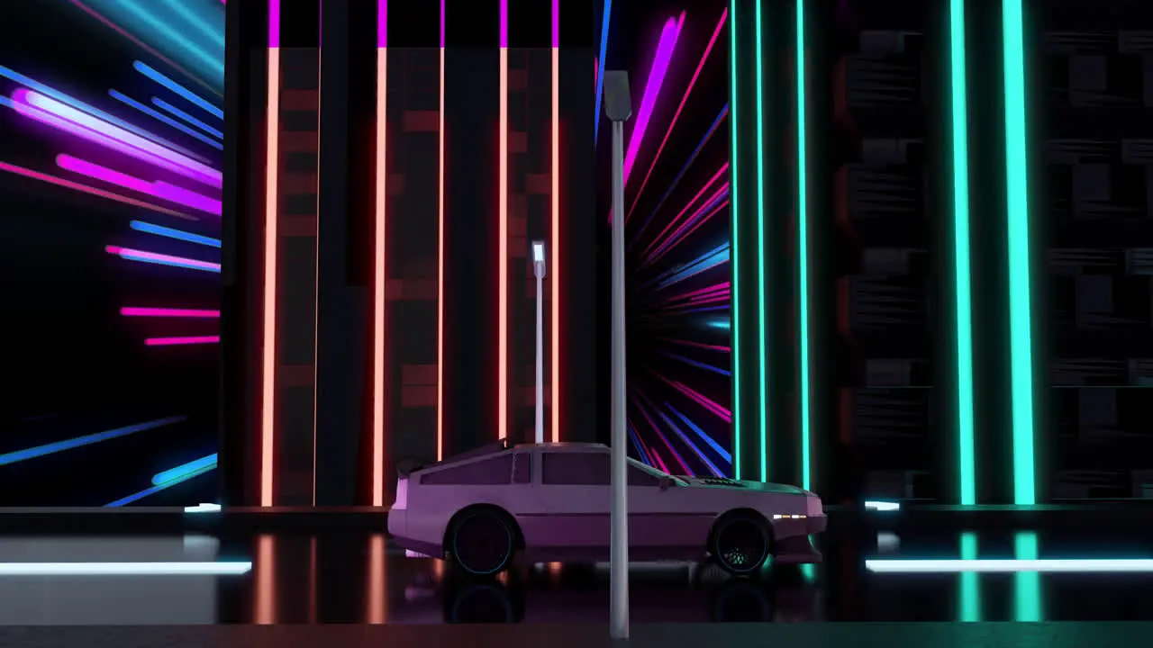 Animation of car driving past neon city buildings at night