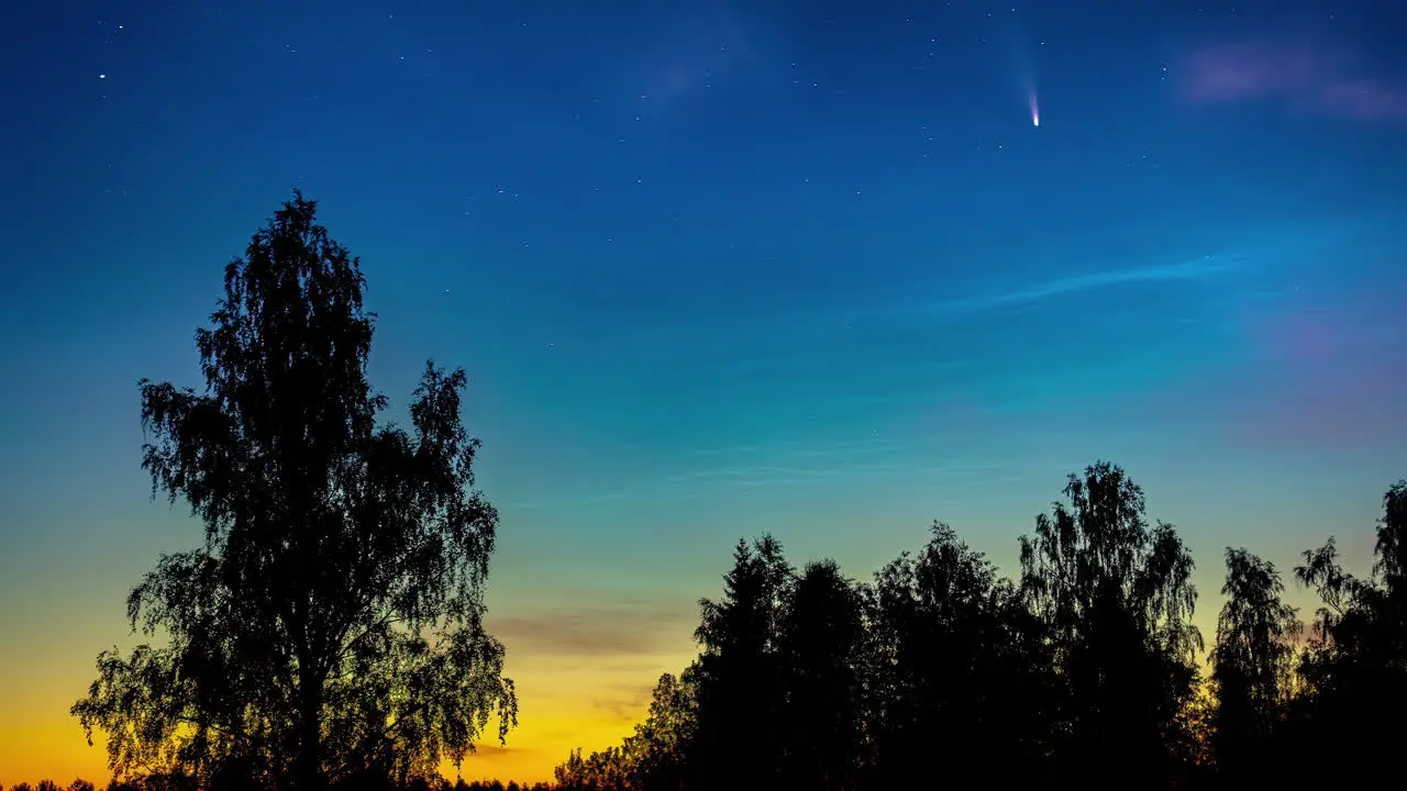 Time lapse shot of Comet NEOWISE at night sky after golden sunset