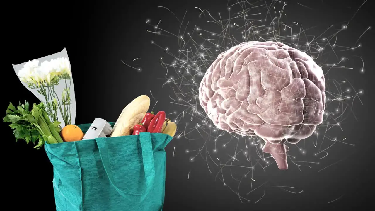 Animation of brain rotating over black background with bag with groceries