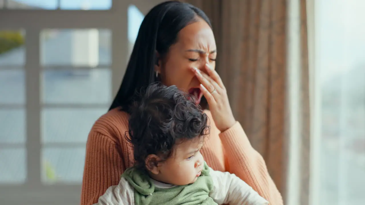 Family yawn and tired mother with baby