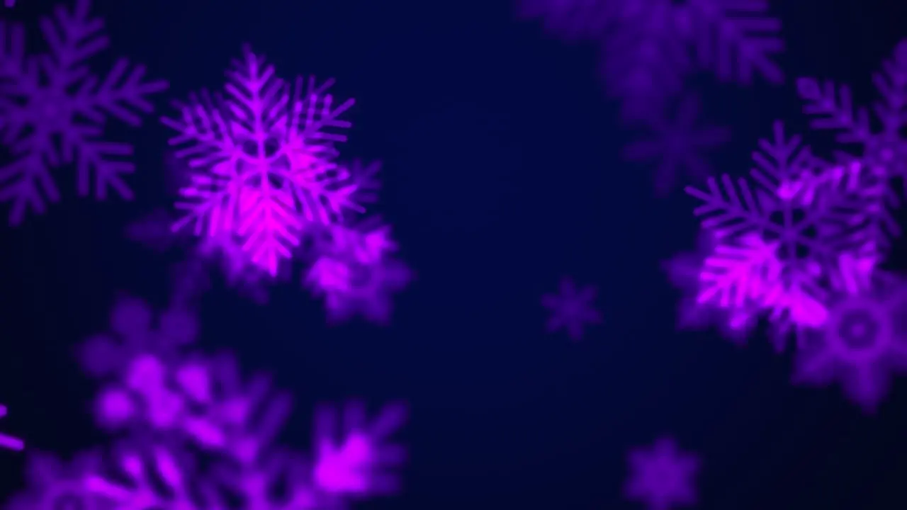 Animation fly white snowflakes and glitters on purple holiday background