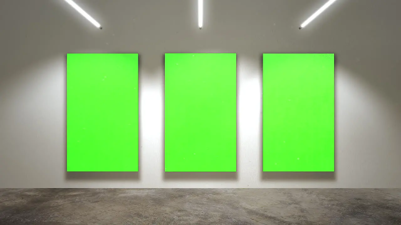 Motion camera in art gallery with picture and modern frame with green mockup screen art background