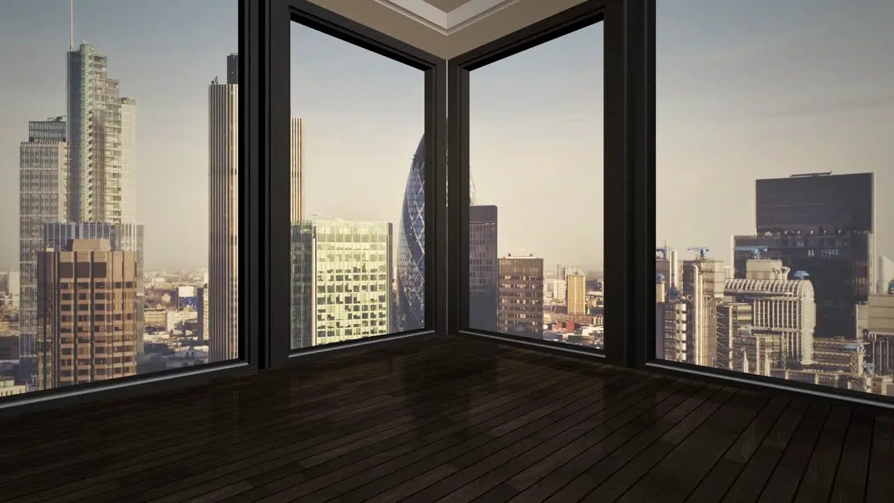 Panorama of city landscape with many big buildings from windows in summer day