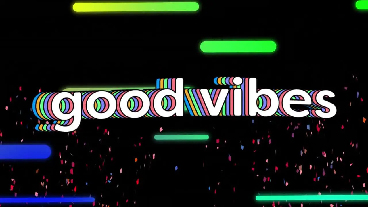 Animation of confetti falling over good vibes text against gradient light trails on black background