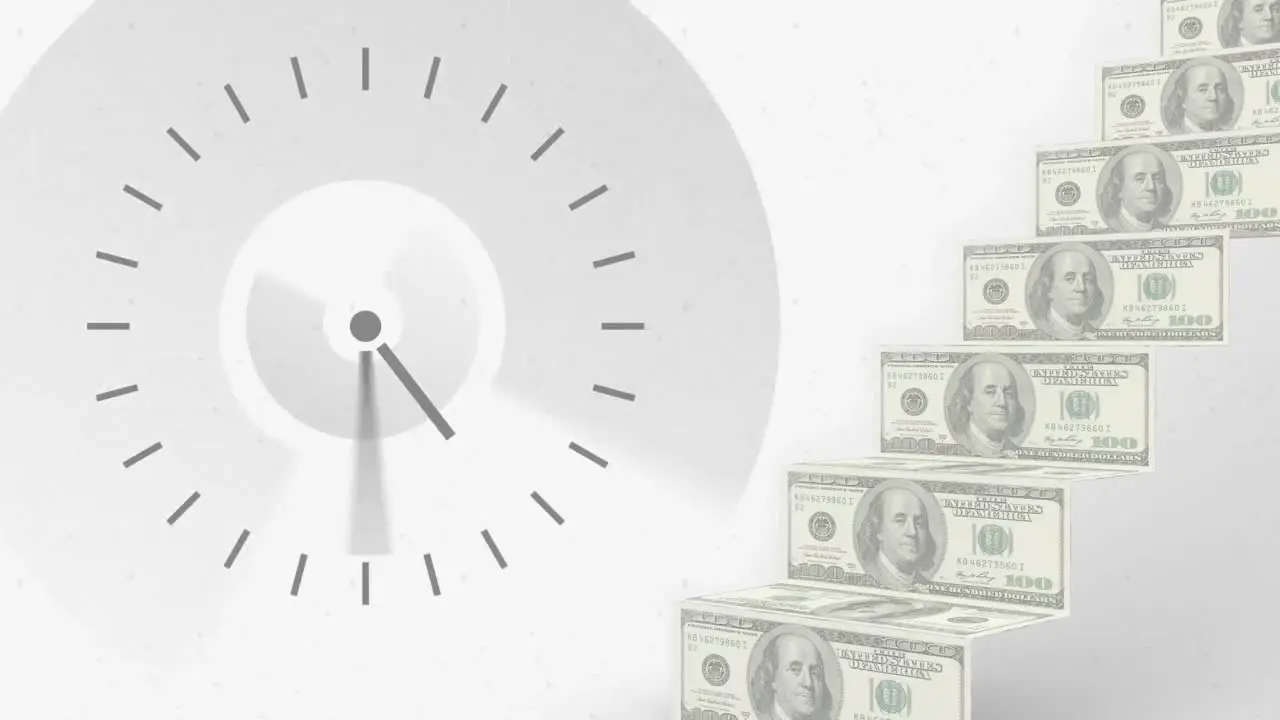 Digital animation of clock ticking and steps of american dollars bills against grey background