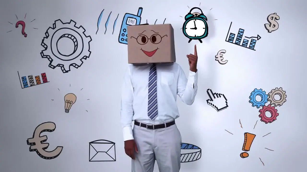 Businessman with a carton on the head pointing at an animated alarm clock