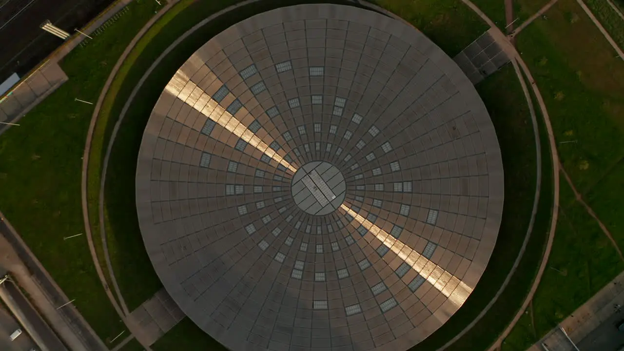 Aerial Birds Eye Overhead Top Down View of Velodrome Arena in Berlin Germany Futuristic Building Architecture with Sunset reflection