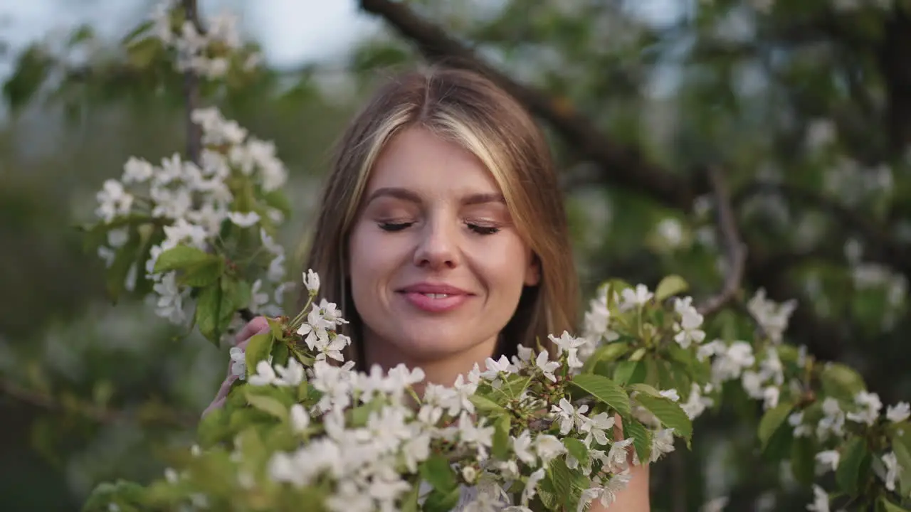 beautiful young woman is enjoying aroma of cherry blossom of tree branch in orchard in spring day