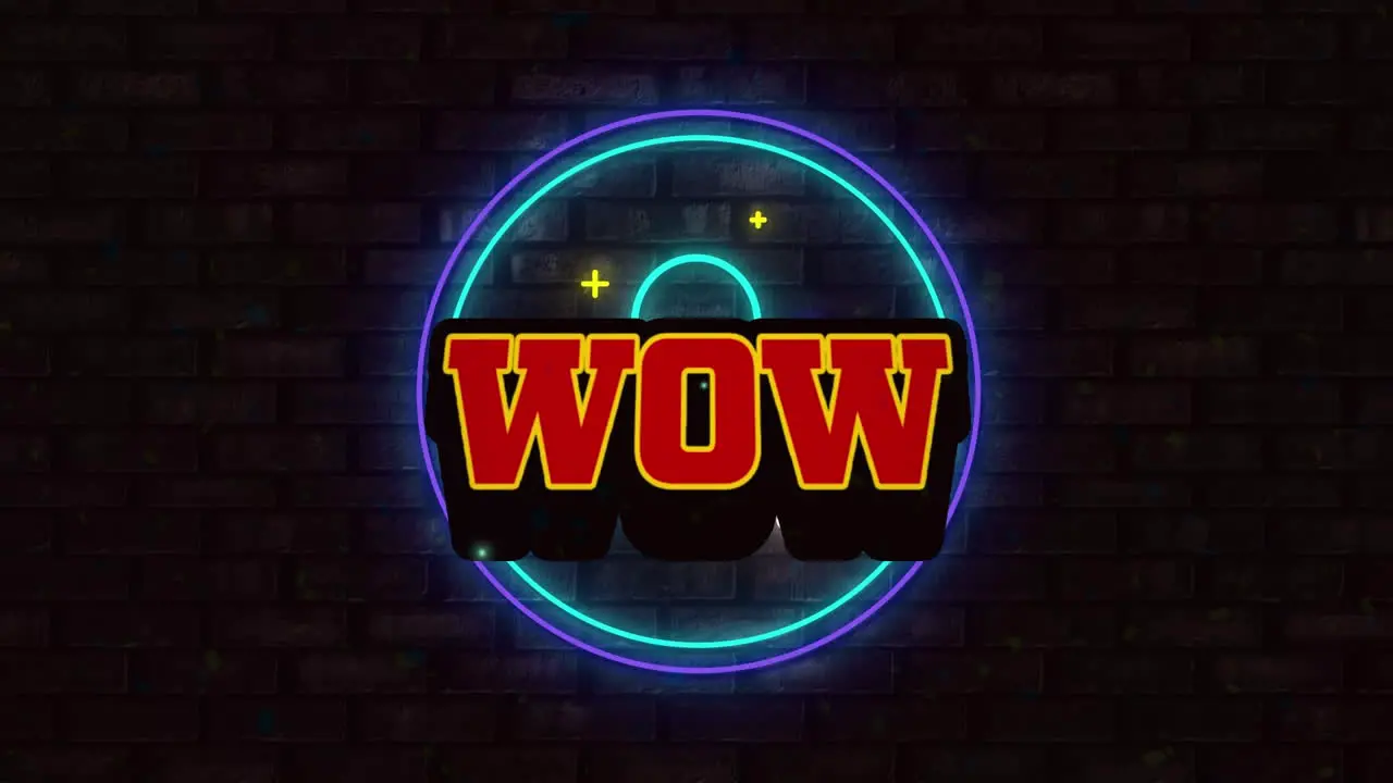 Animation of wow text banner over neon profile icon against grey brick wall