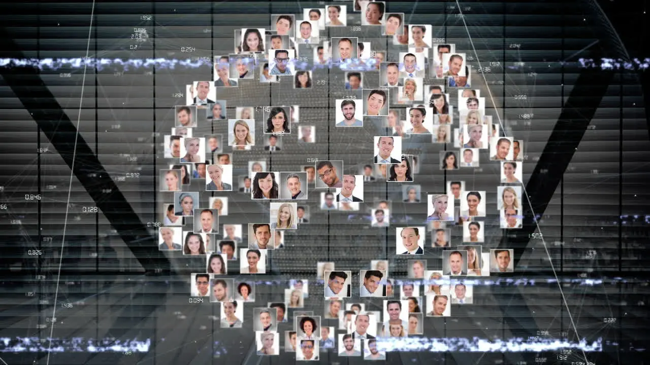 Animation of glitch technique over photo collage of multiracial people forming globe over cityscape