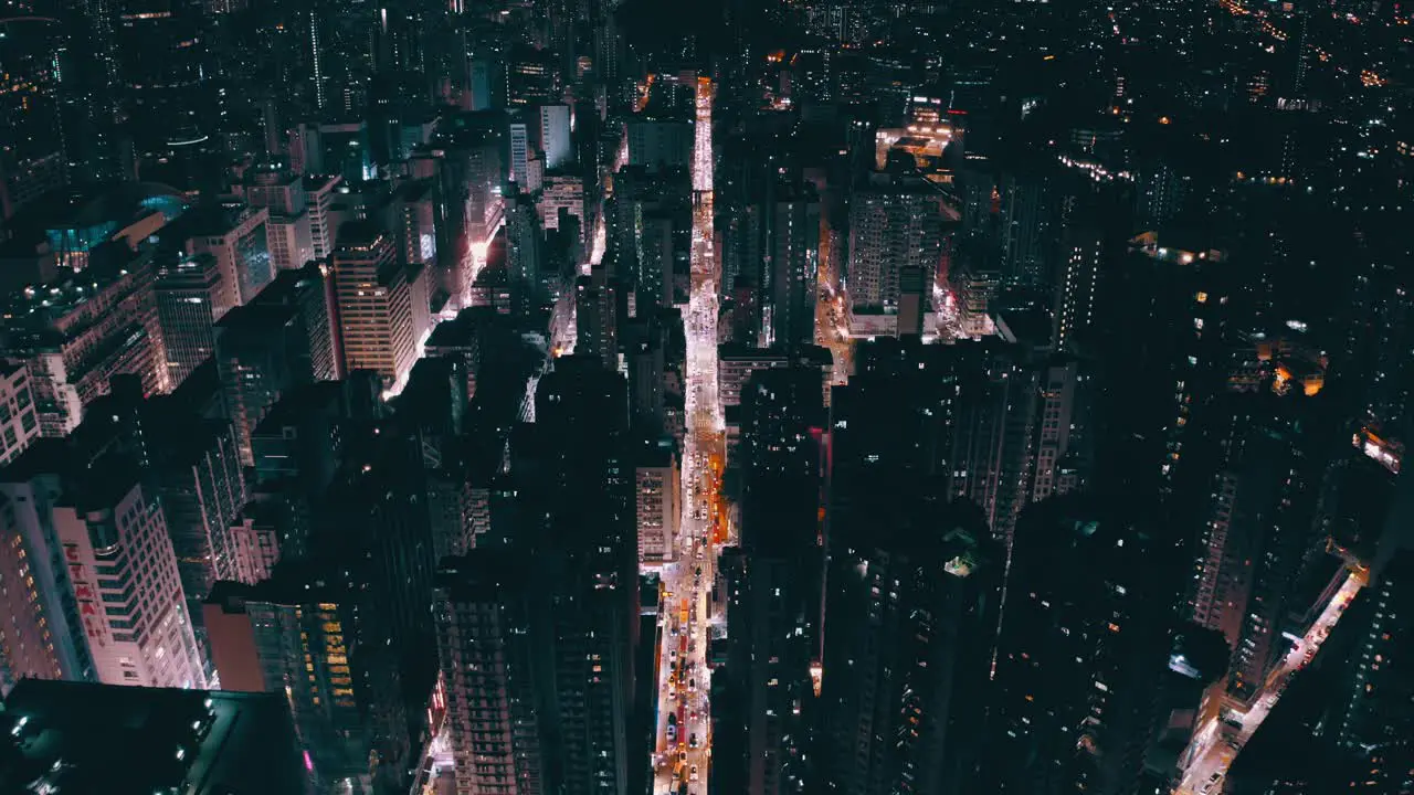 Cinematic drone shot of a city during the night giving that cyberpunk vibe