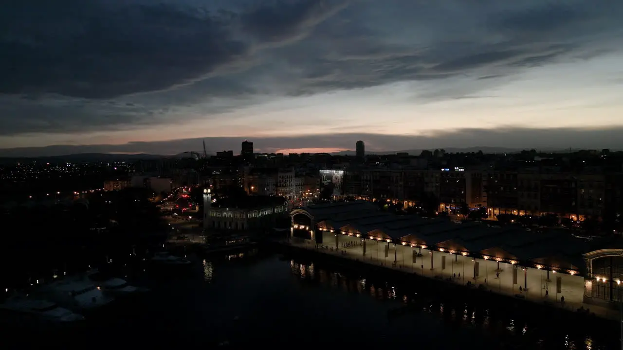 Drone Flying Over City During Sunset in Valencia Spain