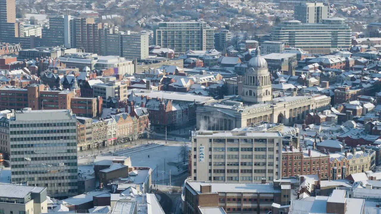 Aerial establishing shot of Nottingham in winter featuring