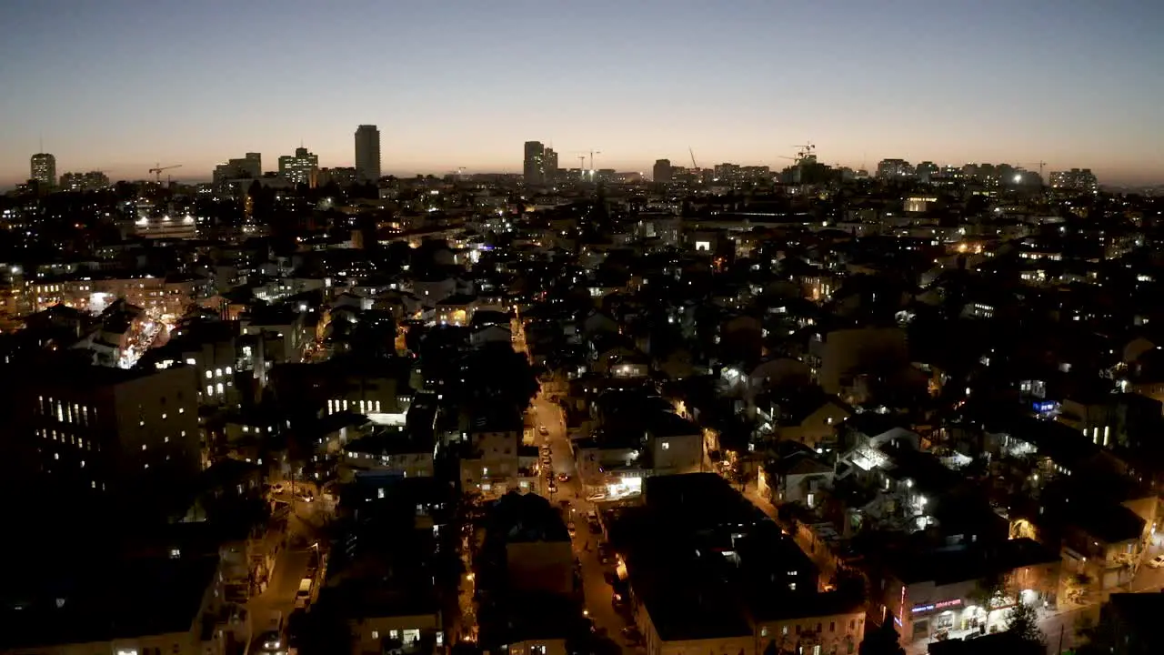 Jerusalem panoramic night view drone fly up Israel