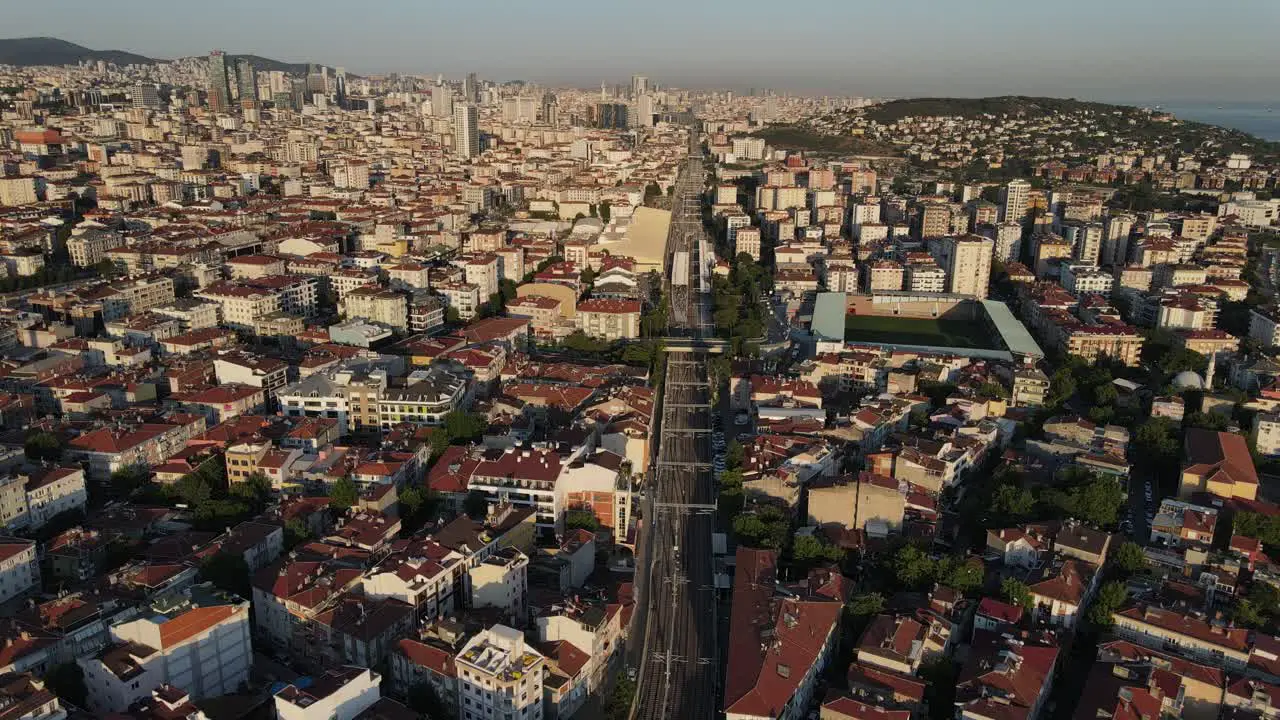 Aerial Landscape Of Train Above City Road