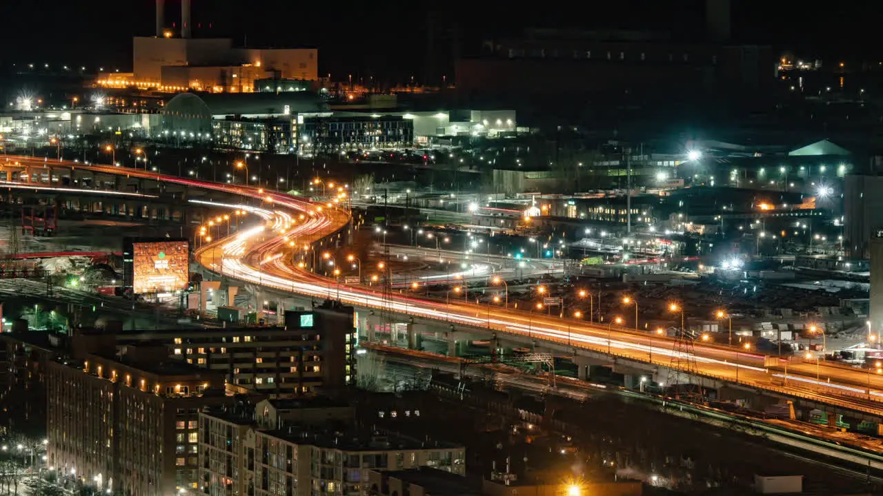 Timelapse of a busy highway in downtown Toronto at night