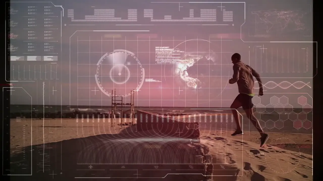 Animation of diagrams and data processing over biracial man running at beach