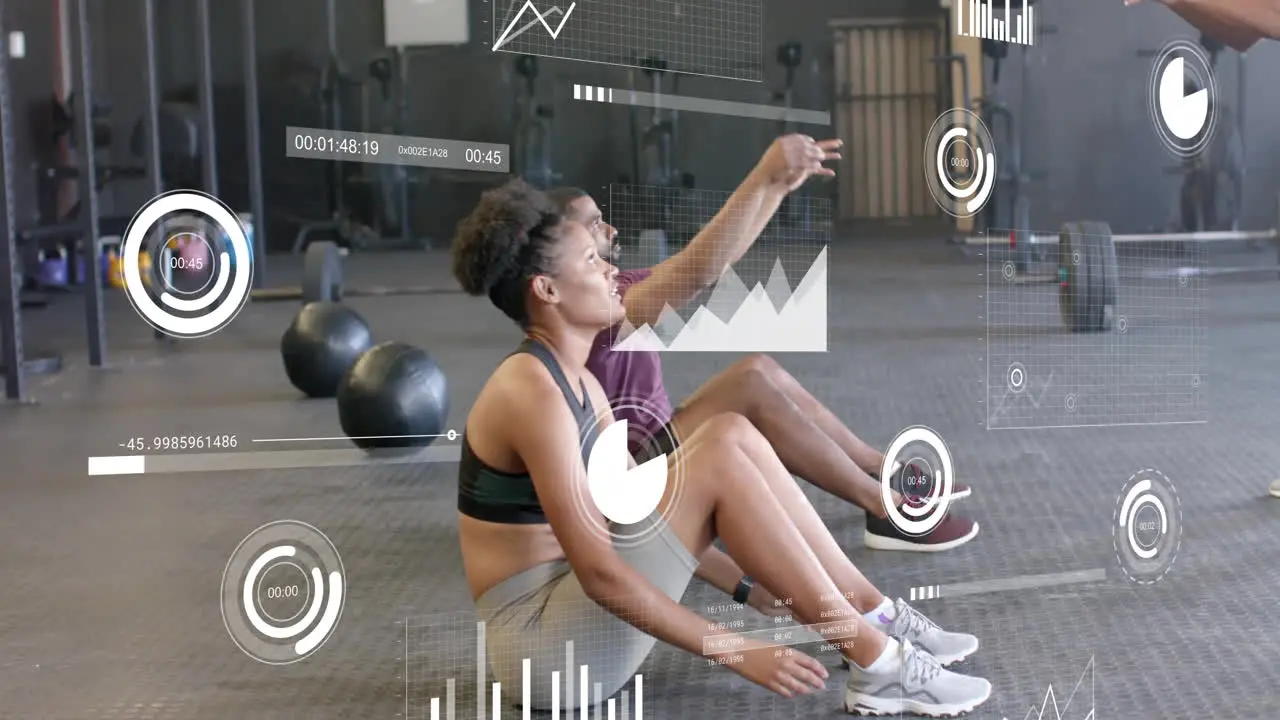 Animation of diagrams and data processing over diverse couple exercising at gym