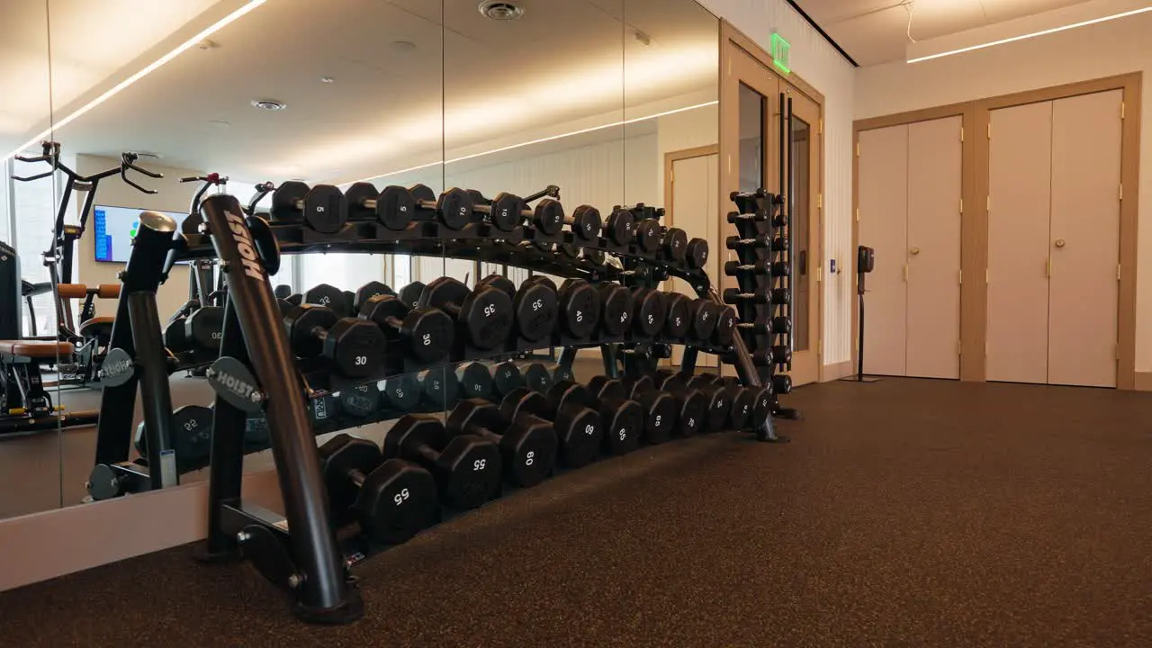 Shot of a dumbbell rack in the fitness center showcasing a variety of black dumbbells neatly arranged